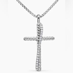 Cable Crossover Cross Pendant Necklace/Pavé Diamonds Silver 17” adjusts to 21"